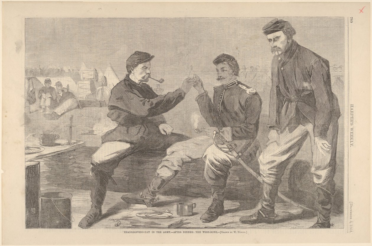 Thanksgiving Day in het leger - Na het diner: The Wish-Bone, Harpers Weekly, december 3, 1864 door Unbekannt