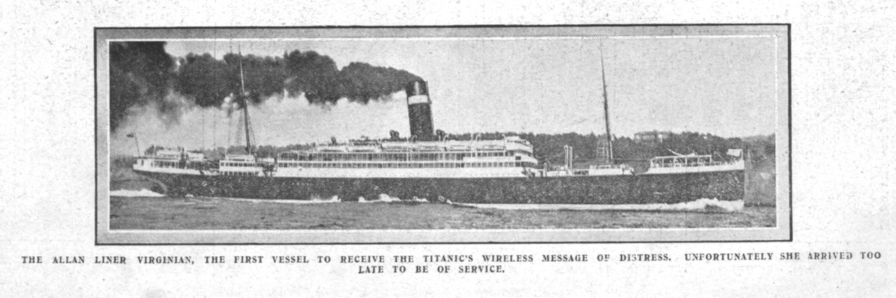 De Allan Liner Virginian, het eerste schip dat het draadloze bericht ontving..., 20 april 1912 door Unbekannt
