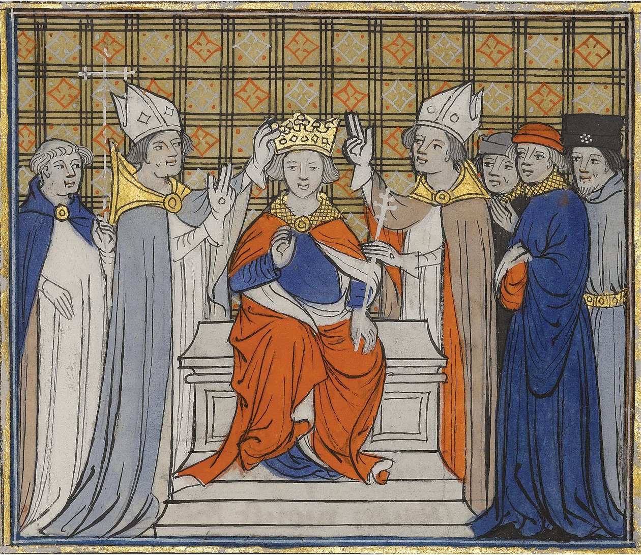 De zalving en kroning van Lodewijk IV in Laon, 19 juni 936. Uit Grandes Chroniques de France door Unbekannt