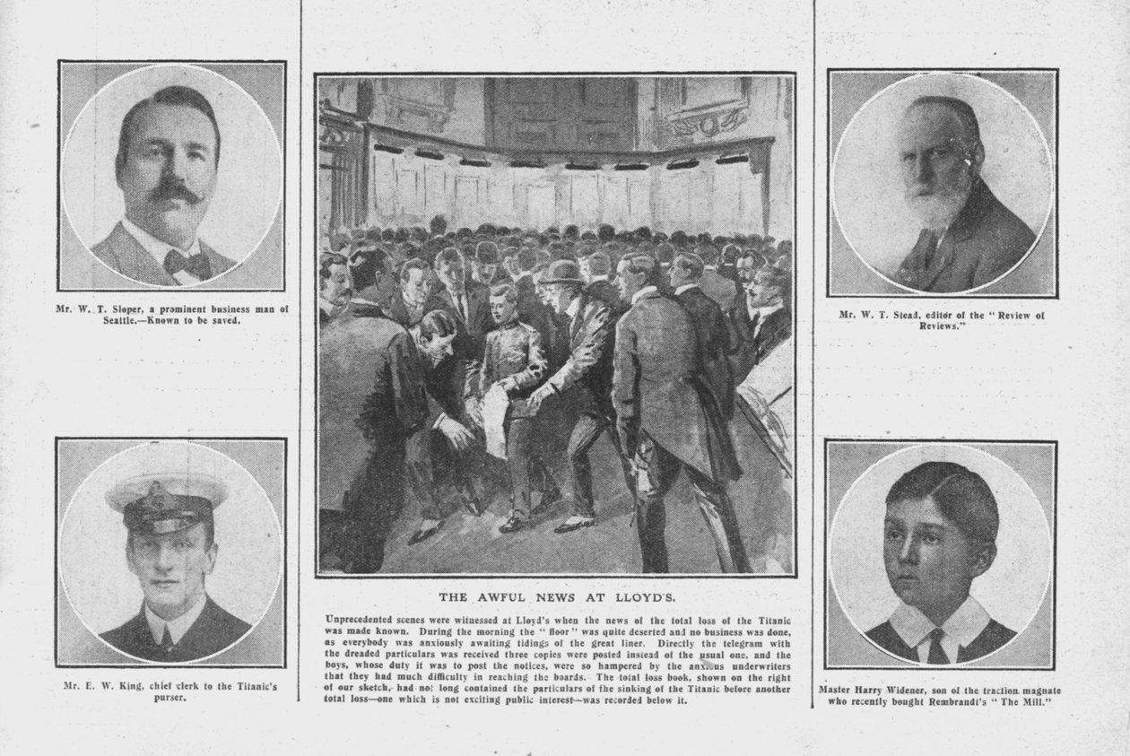 Het verschrikkelijke nieuws bij Lloyds, met portretten van enkele van de opvarenden van de Titanic, 20 april 1912 door Unbekannt