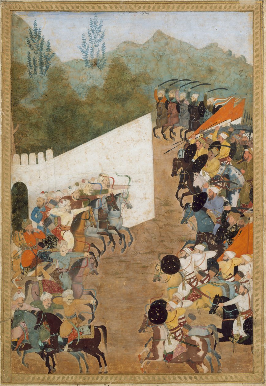 De slag bij Shahbarghan, folio uit een Padshahnama-kroniek van de keizer, 17e eeuw door Unbekannt