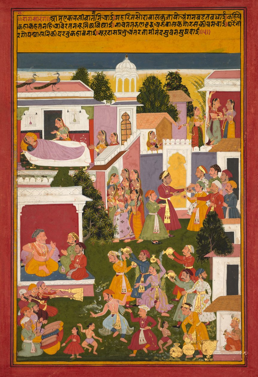 De geboorte van Krishna, uit een Sursagar van Surdas, ca. 1700 door Unbekannt