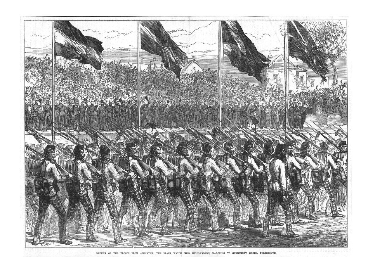 The Black Watch 42nd Highlanders marcheren naar Governors Green, Portsmouth, 1874 door Unbekannt
