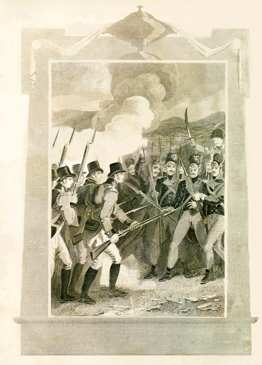 De Britten vallen Franse linies aan met bajonetten in de Slag bij Maida, 1806 door Unbekannt