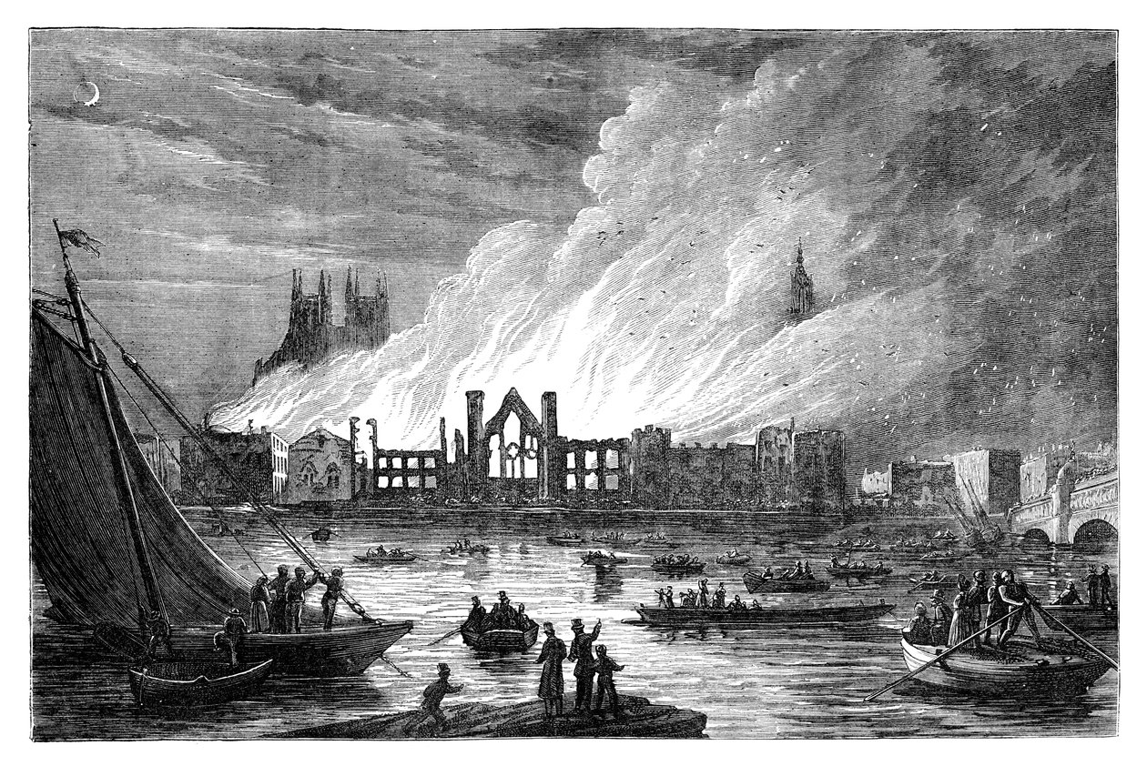 De brand van de Houses of Parliament, Londen, 1834, ca. 1895 door Unbekannt