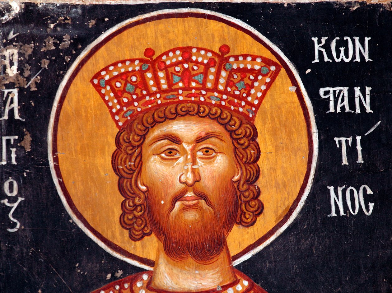 De Byzantijnse Fresco uit de 15e eeuw (Detail): De Keizer Constantijn Muurschildering Michael Aartsengel Kerk in Pedoulas Cyprus Geschilderde kerken UNESCO site Troodos, Cyprus door Unbekannt