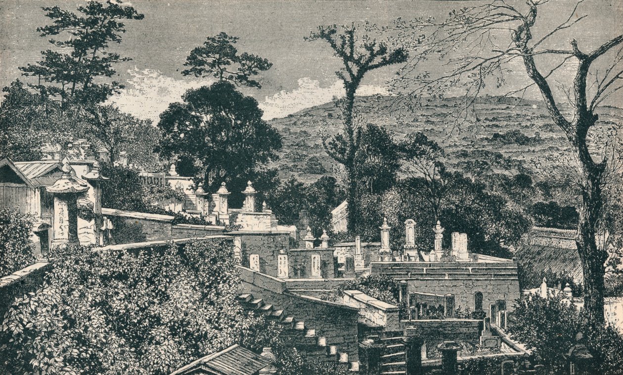 De Begraafplaatsheuvel in Nagasaki, Japan, voor de moderne uitbreiding van de stad, 1907 door Unbekannt