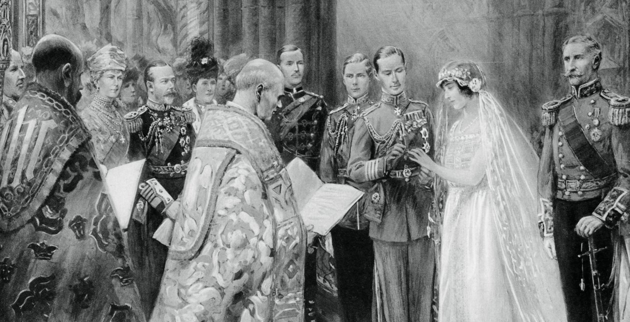 De hertog van York plaatst de ring aan de vinger van Lady Elizabeth Bowes-Lyon, 26 april 1923, 1937 door Unbekannt