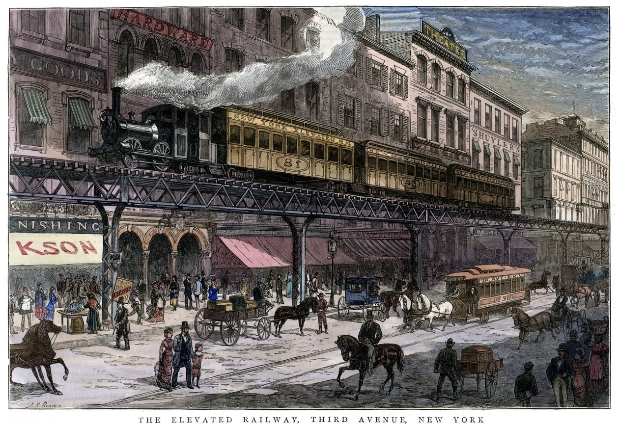 De verhoogde spoorweg, Third Avenue, New York, 1879 door Unbekannt
