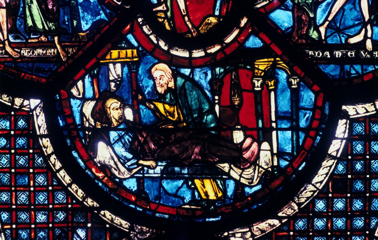 De barmhartige Samaritaan zorgt voor de pelgrim, glas-in-lood, Kathedraal van Chartres, Frankrijk, 1205-1215 door Unbekannt