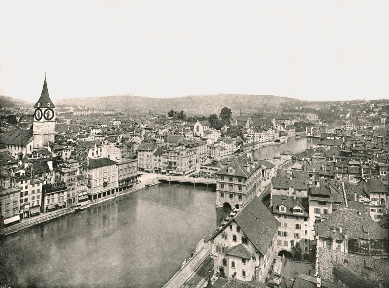 De Grosse Stadt en Kleine Stadt gescheiden door de rivier de Limmat, Zürich, Zwitserland, 1895 door Unbekannt