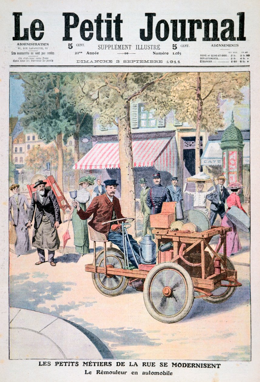 De modernisering van de straatverkopers: de messenslijper auto, 1911 door Unbekannt