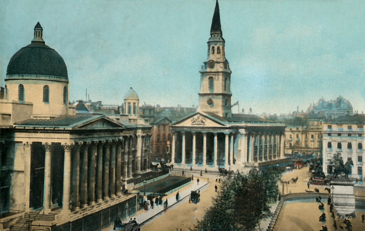 De National Gallery en St Martin in the Fields, Trafalgar Square, Londen, ca. 1910 door Unbekannt