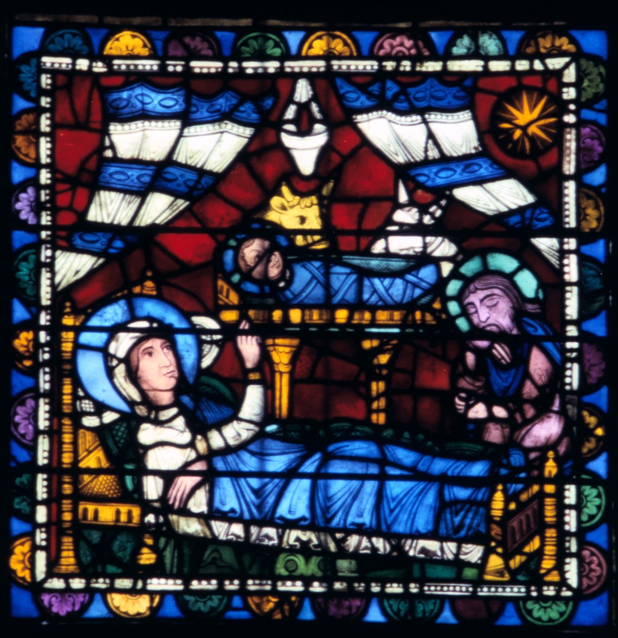 De geboorte van Christus, glas-in-lood, kathedraal van Chartres, Frankrijk, 1194-1260 door Unbekannt