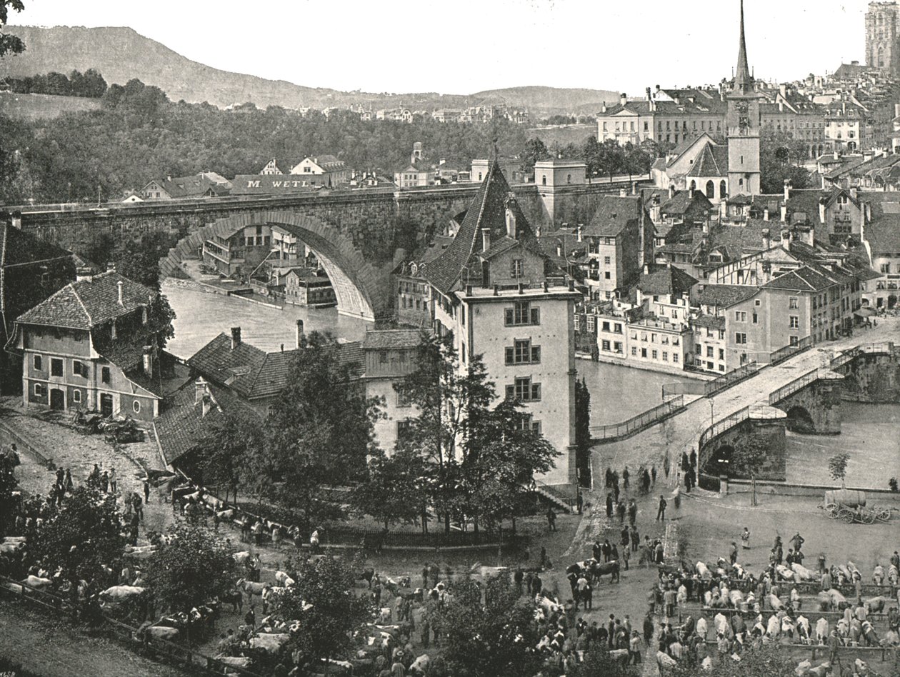 De Nydeggbrücke en veemarkt, Bern, Zwitserland, 1895 door Unbekannt
