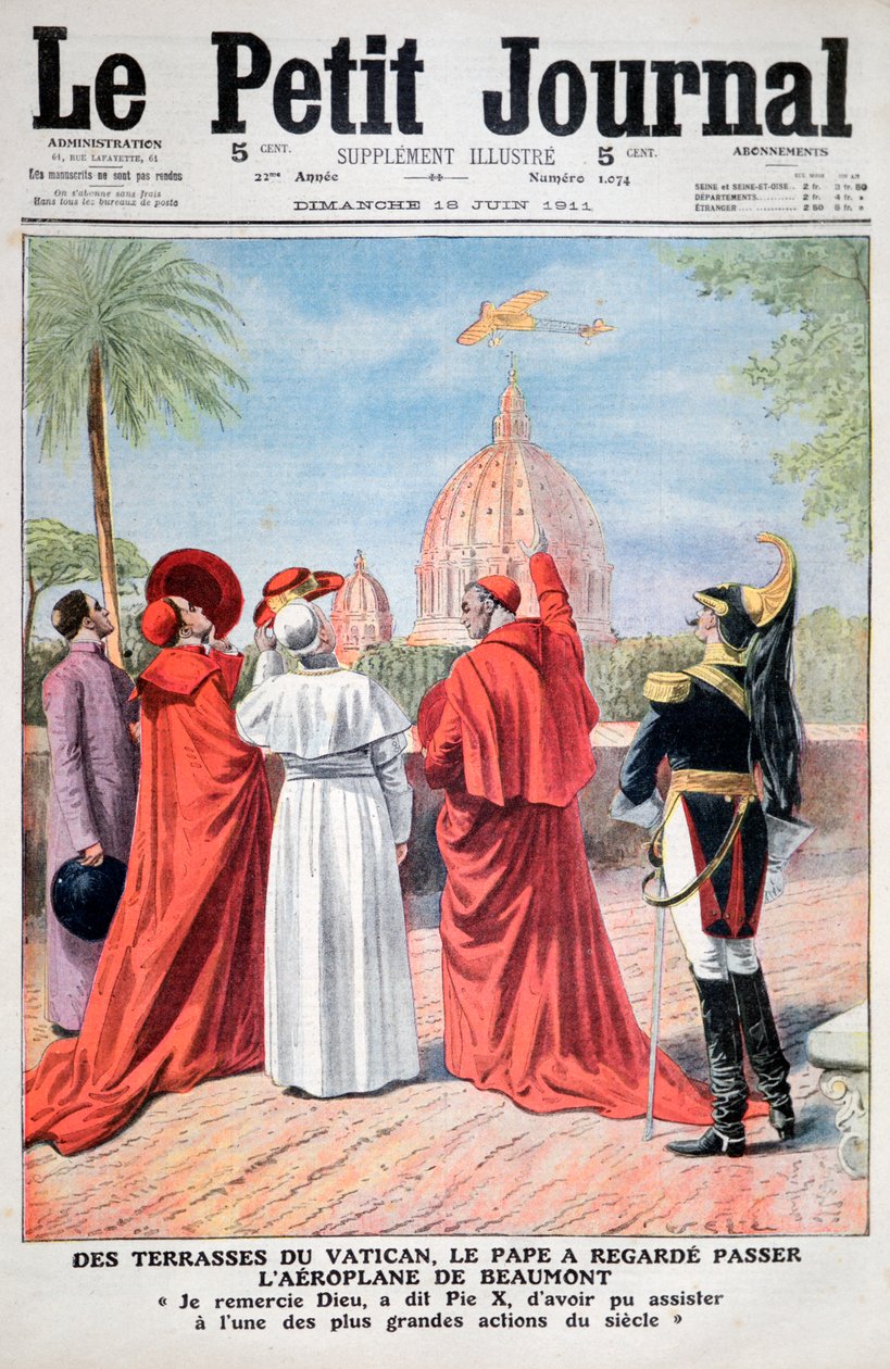 De paus bekijkt het vliegtuig van Andre Beaumont boven Rome, 1911 door Unbekannt