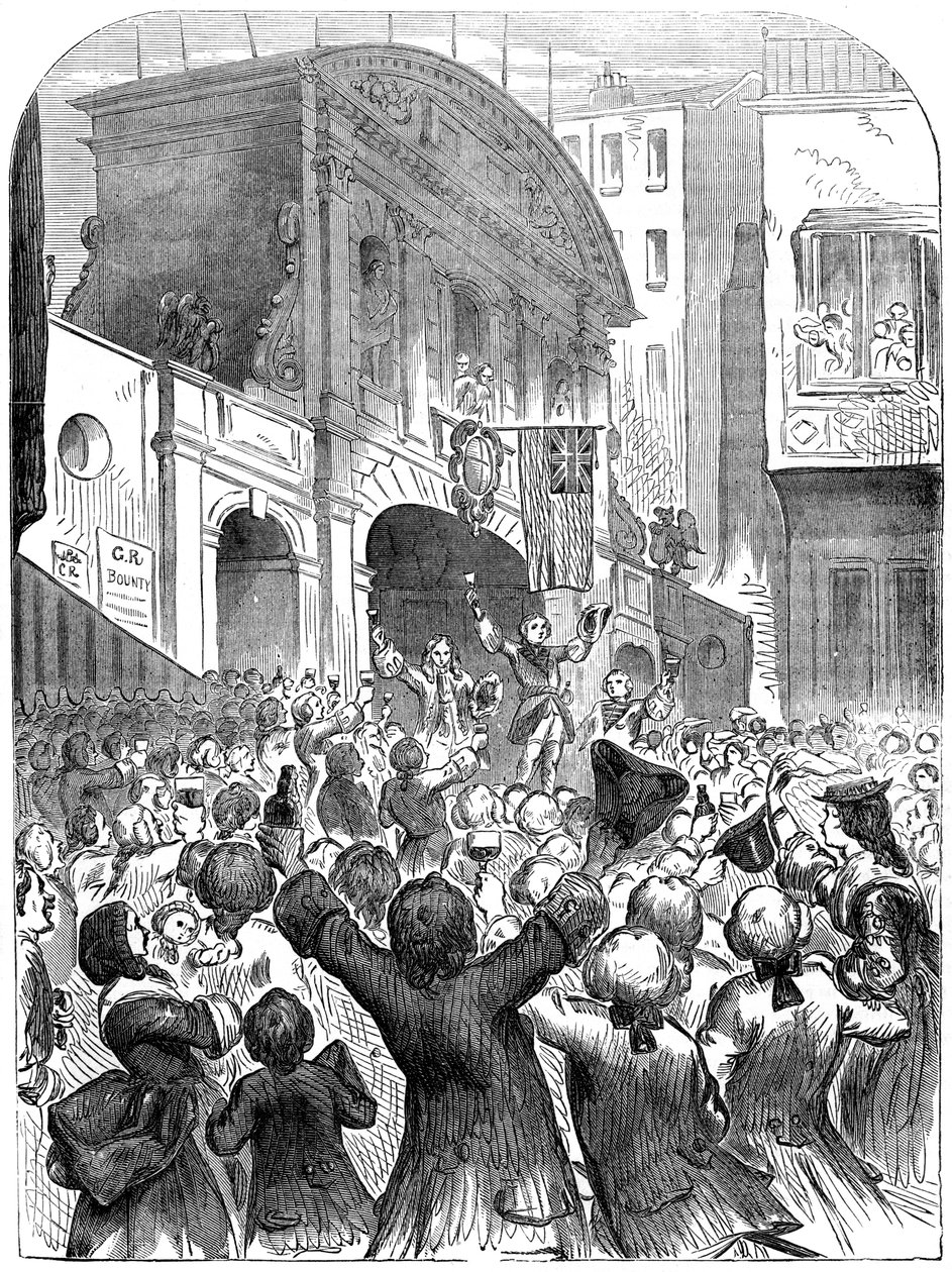 De Prins van Wales drinkt succes op de oorlog bij Temple Bar, Londen, 18e eeuw, 19e eeuw door Unbekannt