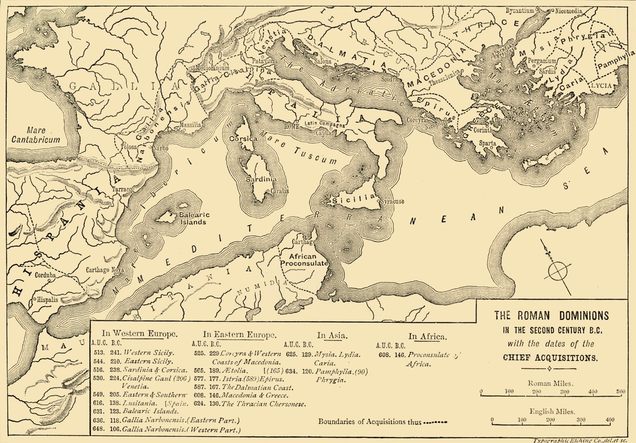 De Romeinse heerschappij in de tweede eeuw v.Chr. met de data van de belangrijkste veroveringen, 1890 door Unbekannt