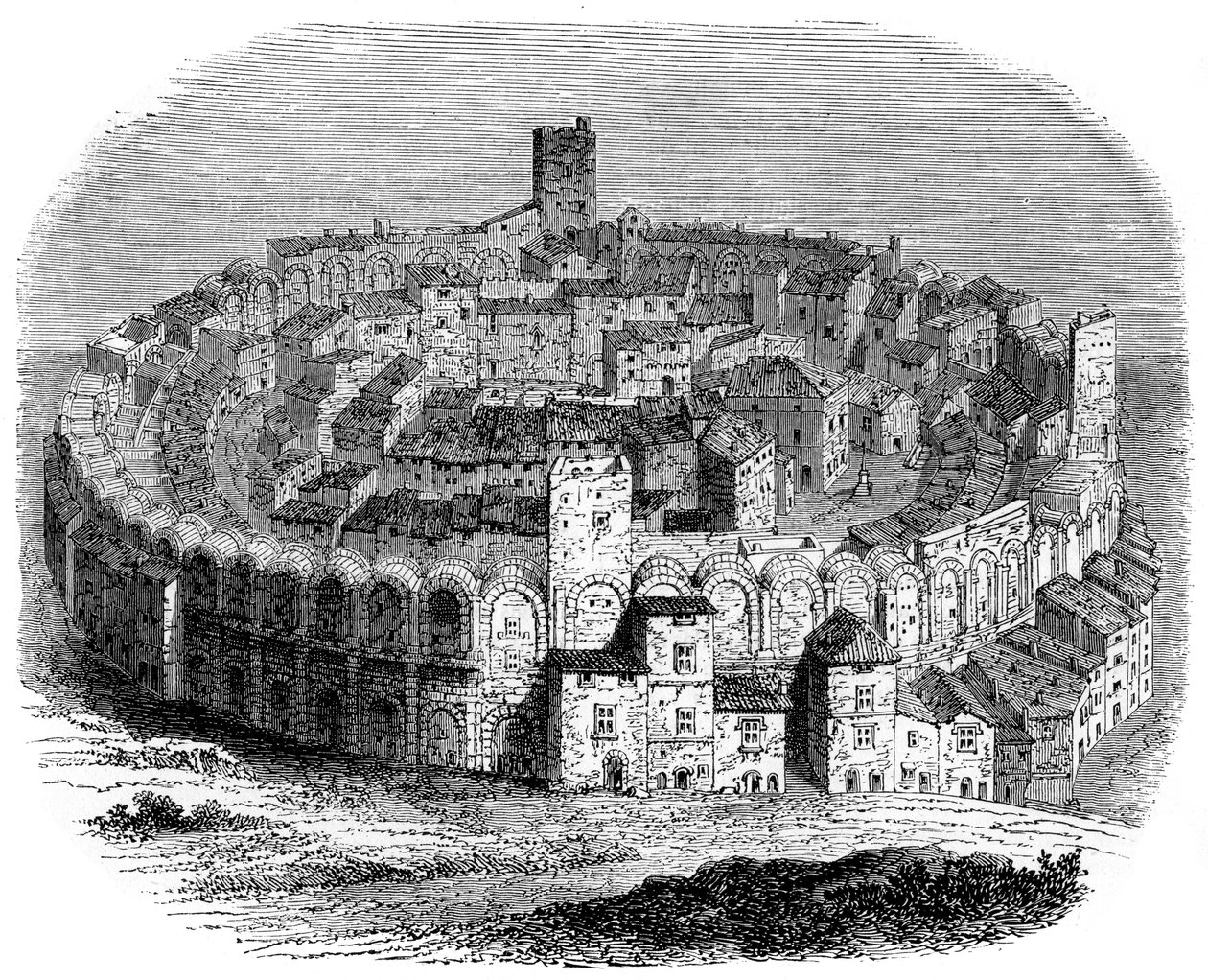 Het Romeinse amfitheater in Arles, Provence, Frankrijk, in 1666 door Unbekannt