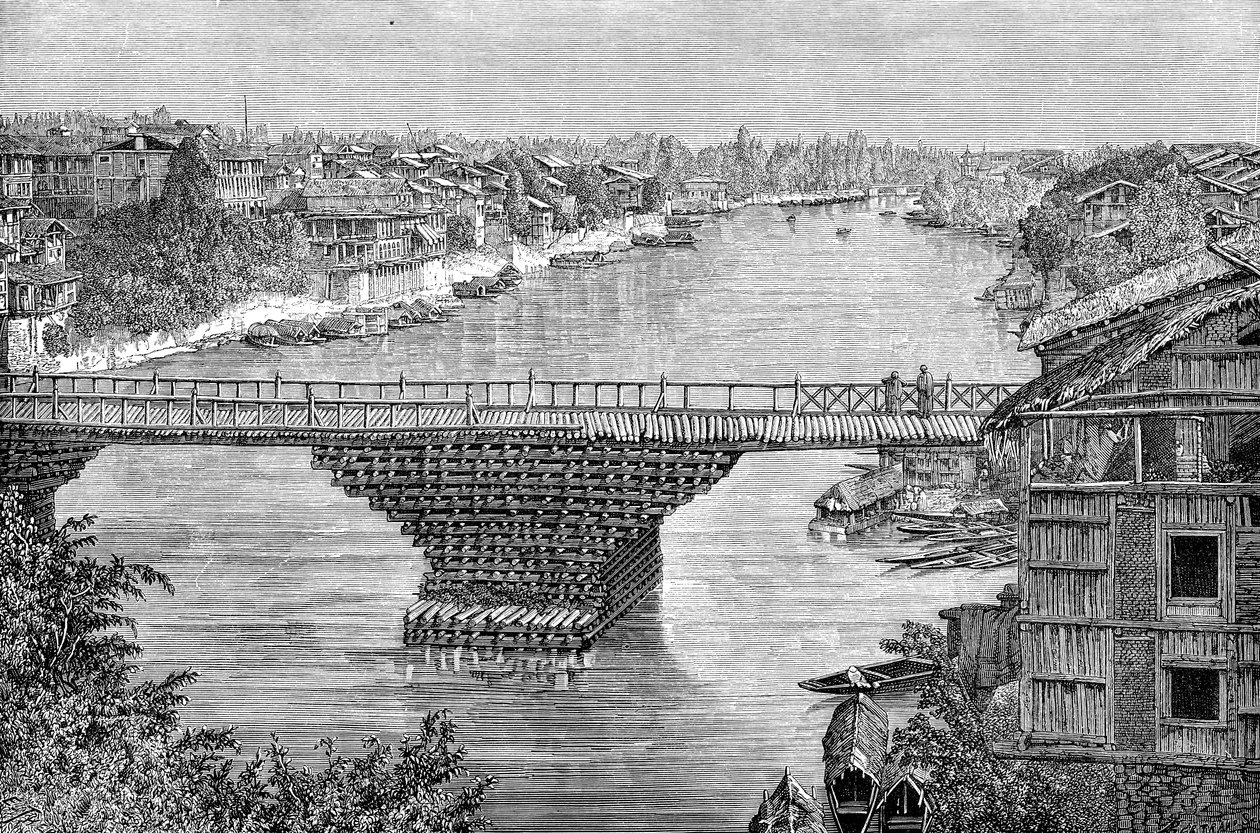 De Srinagar-brug over de rivier Jhelum, Pakistan, 1895 door Unbekannt