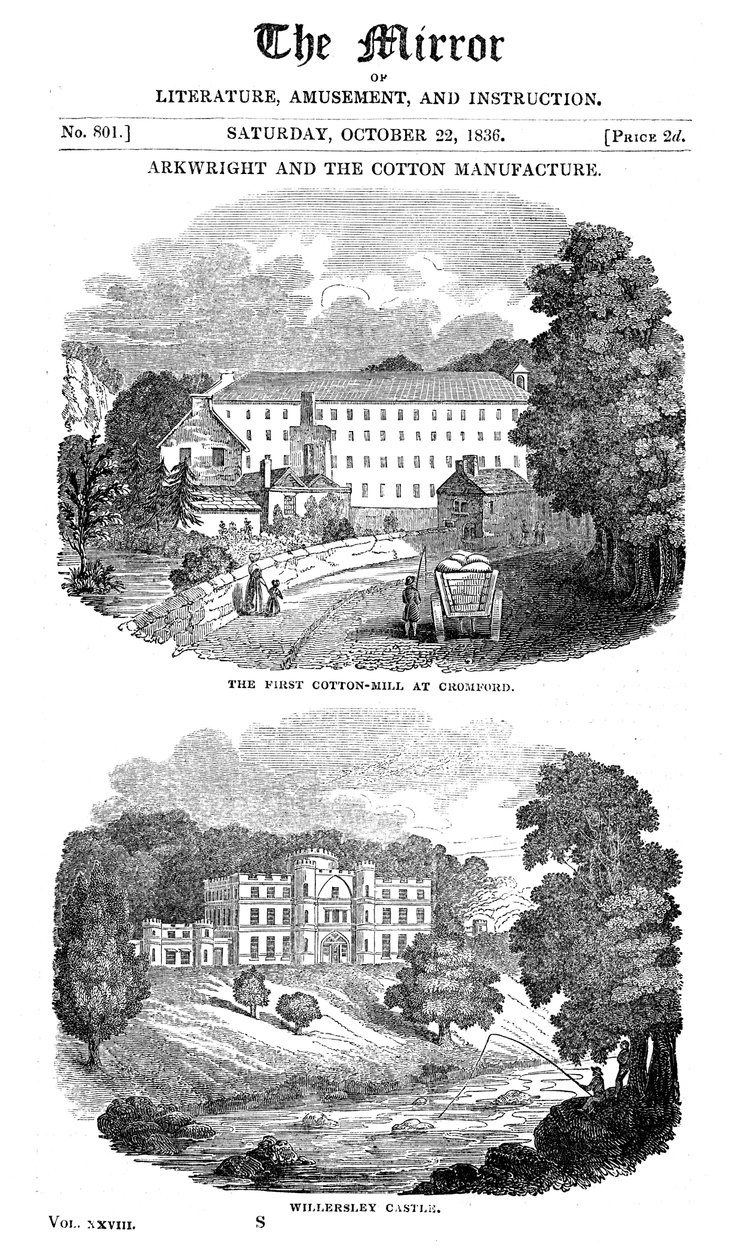 De eerste katoenspinnerij in Cromford, Derbyshire, en het huis van Richard Arkwright, 1836 door Unbekannt