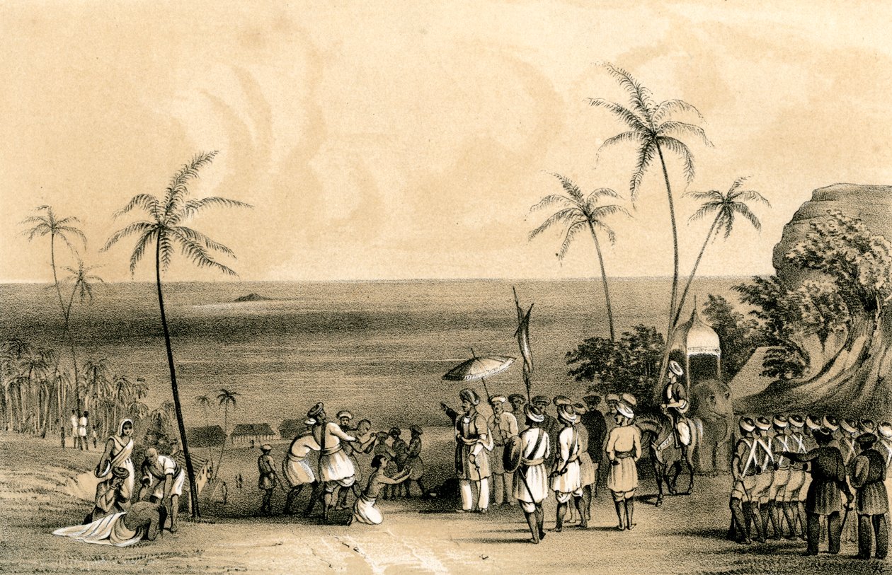 De kooplieden van Calicut gevangen en geketend aan een kale rots op bevel van Tippoo Saib, 1847 door Unbekannt