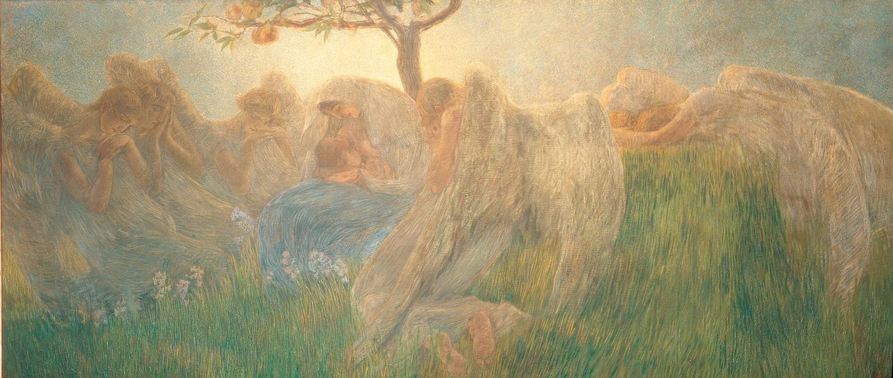 De moeder met een sluier op groen gras met bloemen en bomen omarmt de zoon tijdens het borstvoeden door Unbekannt