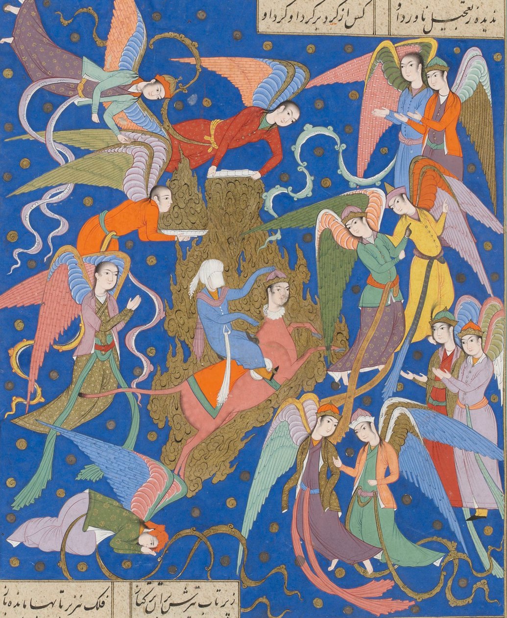 De nachtelijke reis van de Profeet. Uit een manuscript van de Khamsa van Nizami, ca. 1620 door Unbekannt