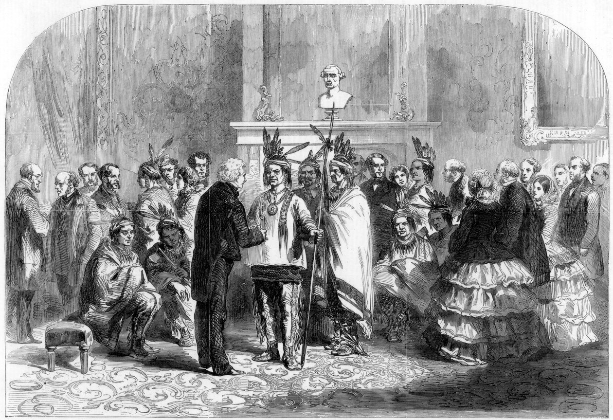 De president van de Verenigde Staten die de vijandige stammen overhaalt om handen te schudden, 1858 door Unbekannt