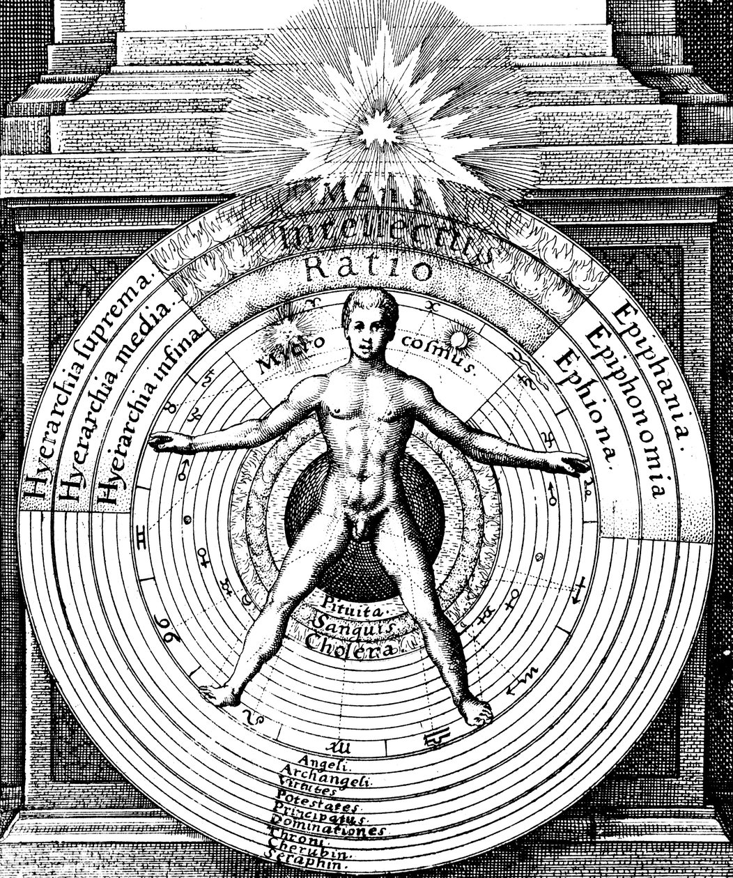 De relatie van de mens, het microkosmos, met het universum, het macrokosmos, ca. 1617 door Unbekannt