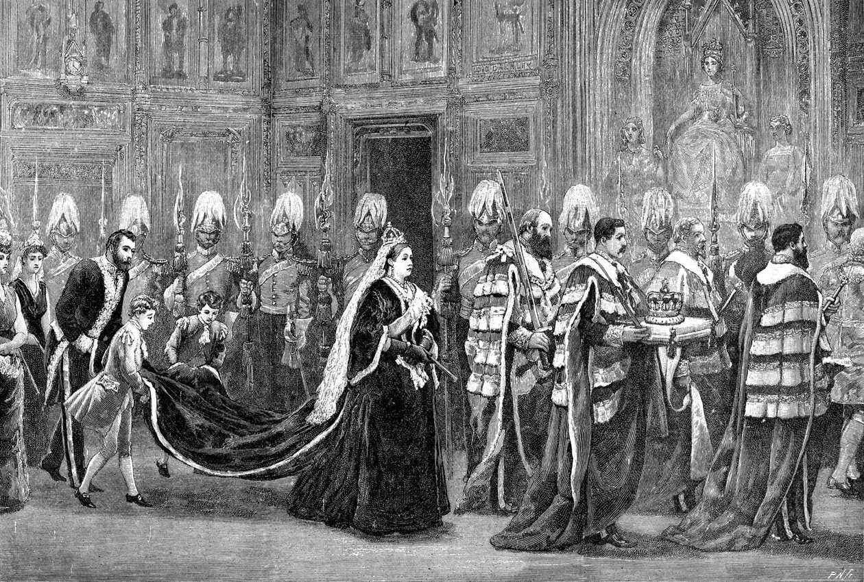 De koninklijke processie in Westminster Palace op weg naar het Hogerhuis, 1886, 1900 door Unbekannt