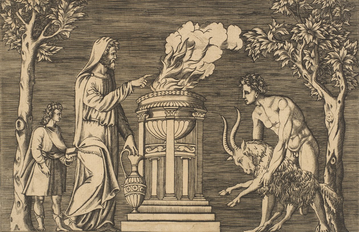 Het offer van een ram vastgehouden door een naakte man rechts, kap met priester links door Unbekannt