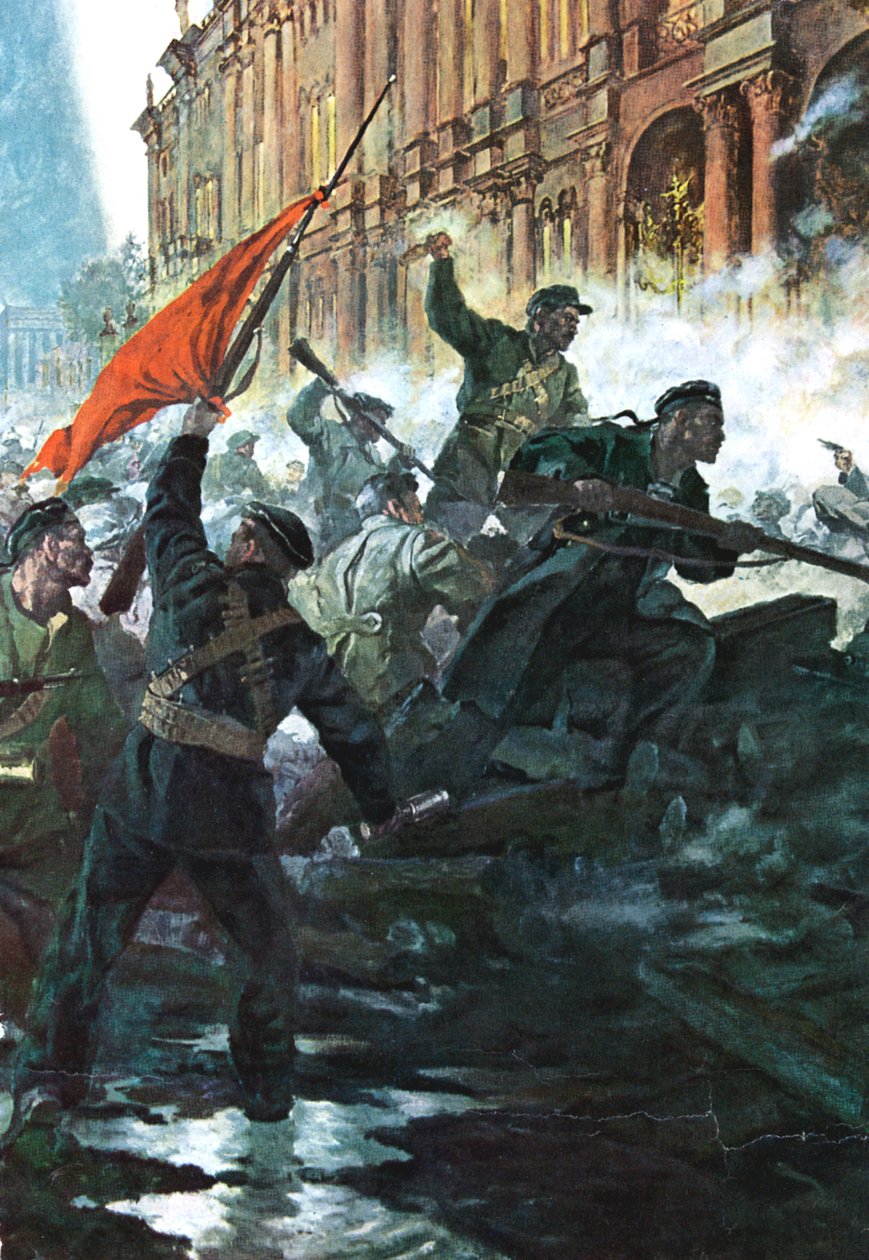 De bestorming van het Winterpaleis, St. Petersburg, Russische Revolutie, oktober 1917 door Unbekannt