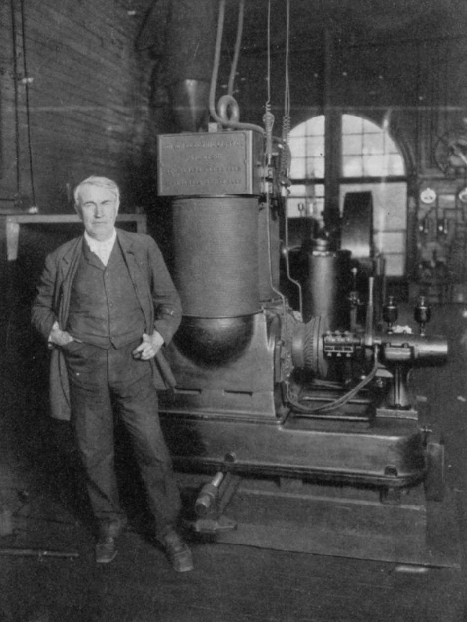 Thomas Alva Edison, Amerikaanse uitvinder, met zijn eerste dynamo voor het produceren van elektrisch licht, 1880s door Unbekannt