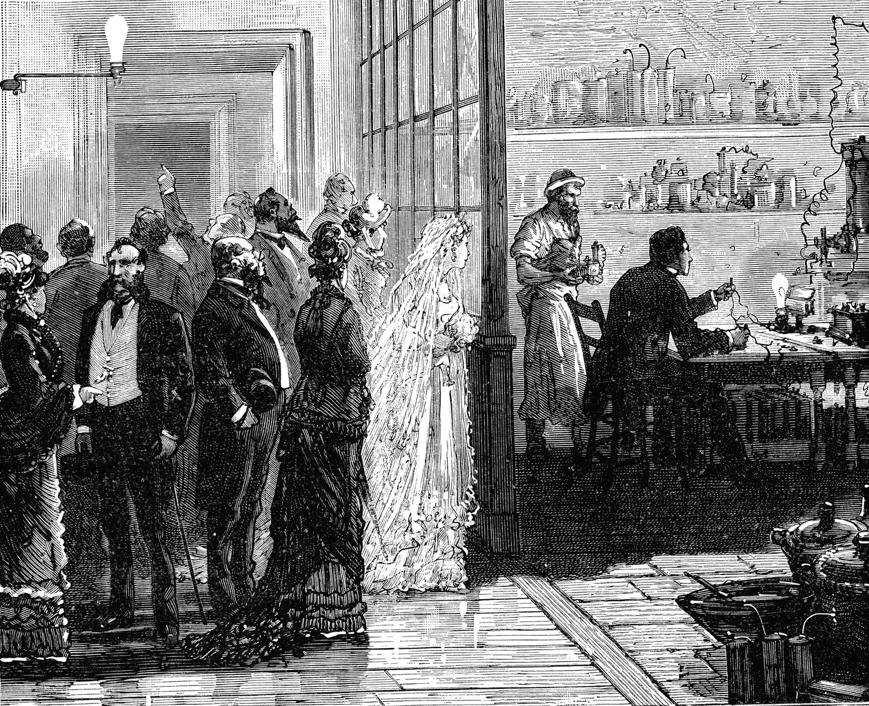 Thomas Edison experimenteert met elektrische lampen op zijn trouwdag, 1871-1883 door Unbekannt