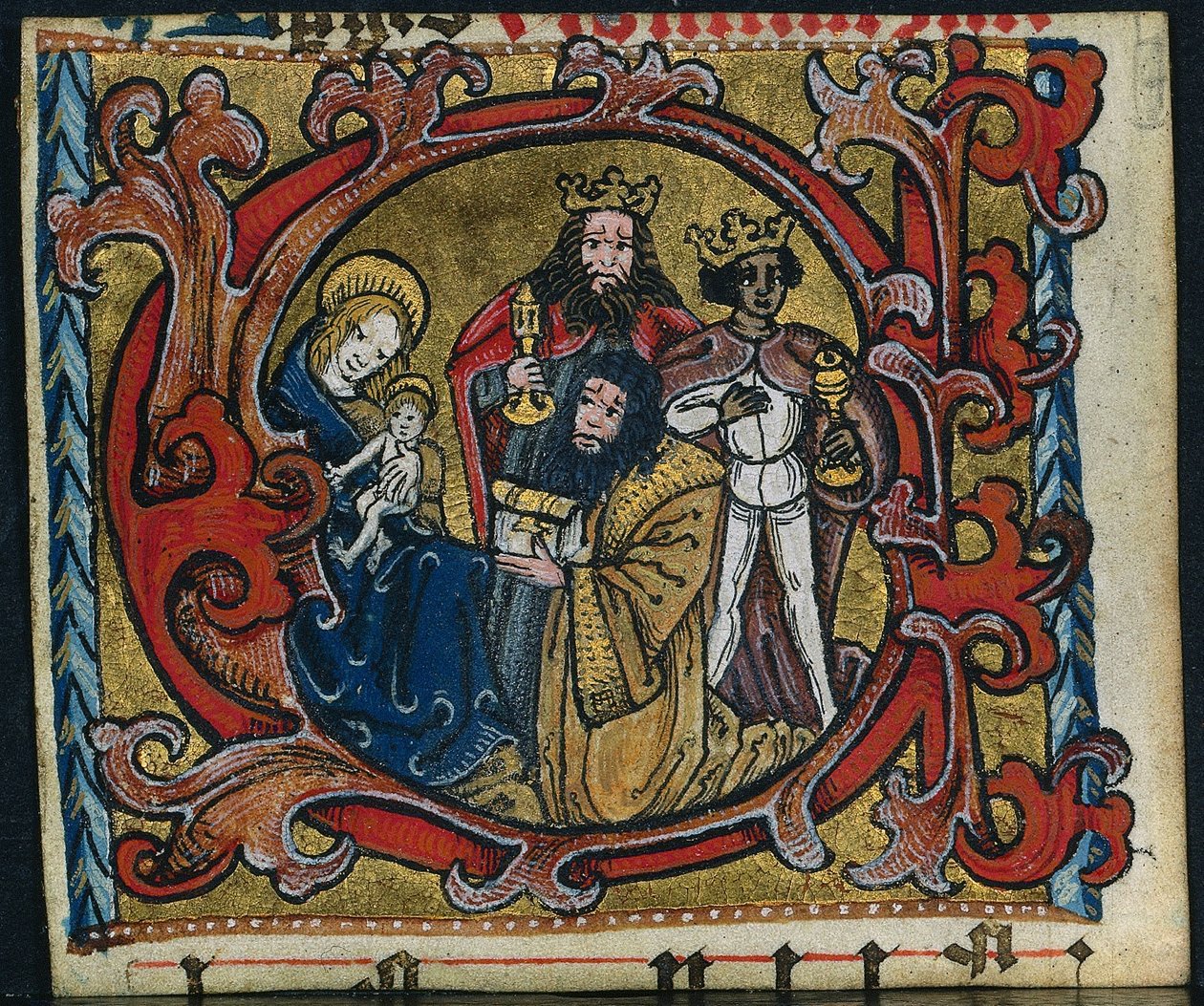 Drie uitsnijdingen uit een missaal: Initiaal C met de aanbidding van de wijzen, ca. 1470-1500 door Unbekannt