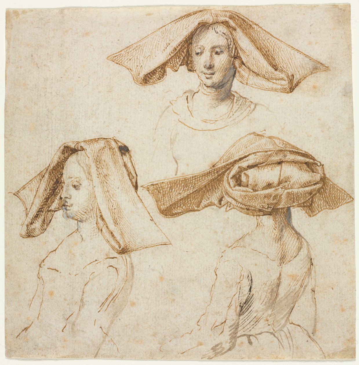 Drie Studies van een Vrouw met een Uitgebreide Hoofdbedekking, ca. 1500 door Unbekannt