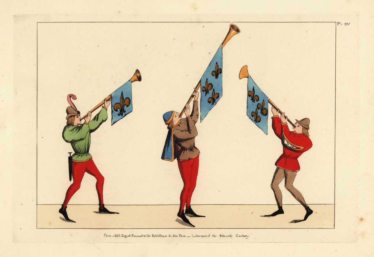 Drie herauten met trompetten versierd met fleur-de-lis standaarden door Unbekannt
