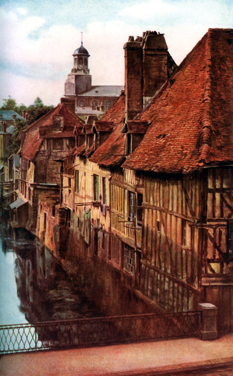 Houten huizen bij de Pont de Caen in Caudebec-en-Caux, Normandië, Frankrijk, ca. 1930s door Unbekannt