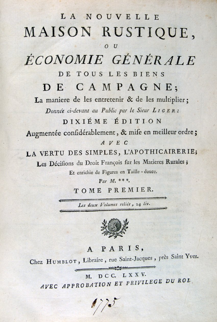 Titelpagina van La Nouvelle Maison Rustique, ou Economie Générale, 1775 door Unbekannt