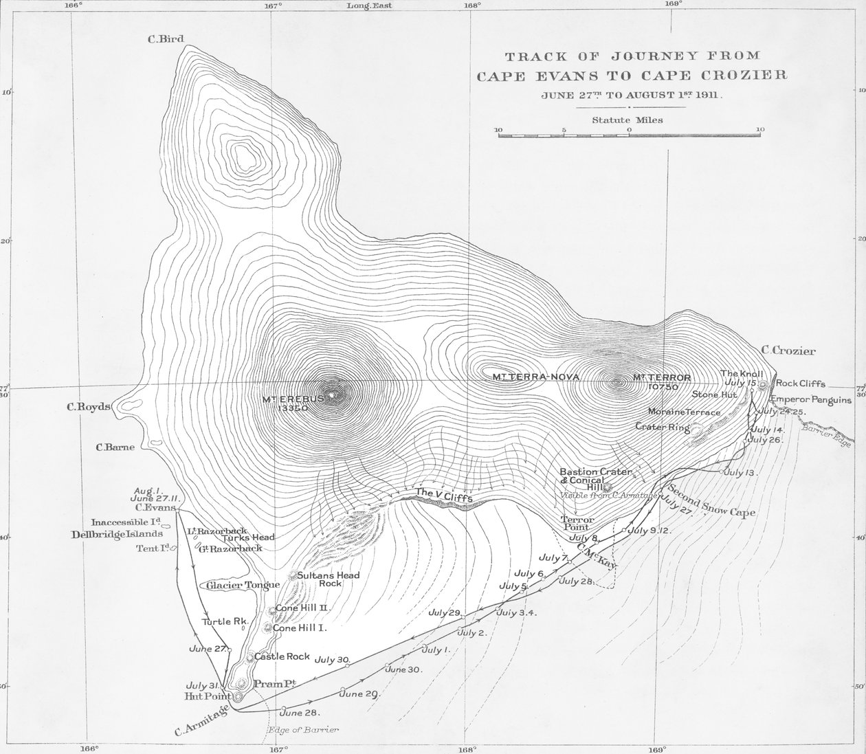 Route van de reis van Cape Evans naar Cape Crozier - 27 juni tot 1 augustus 1911, 1913 door Unbekannt