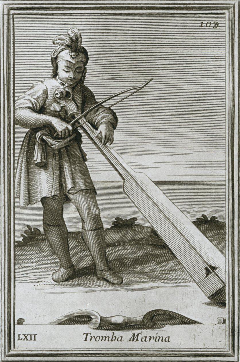 Trumscheit tromba marina, gravure uit F. Bonannis boek Cabinetto armonico, Rome, 1722, 1948 door Unbekannt
