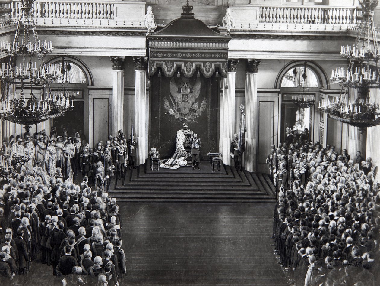 Tsaar Nicolaas II spreekt bij de opening van de eerste Doema, St. Petersburg, Rusland, 27 april 1906 door Unbekannt