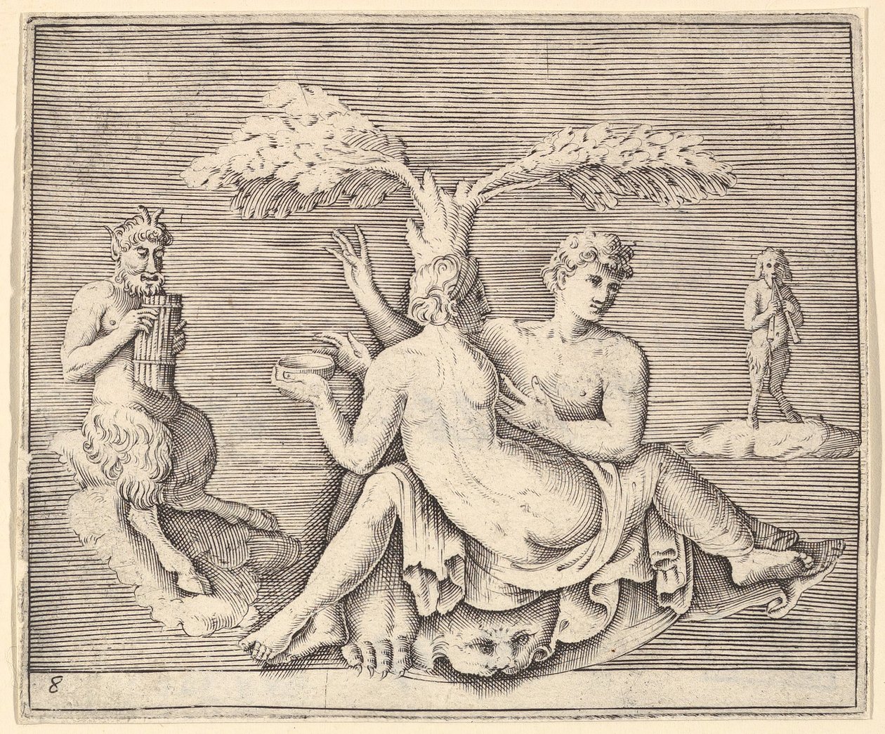 Twee geliefden met Pan, gepubliceerd ca. 1599-1622 door Unbekannt