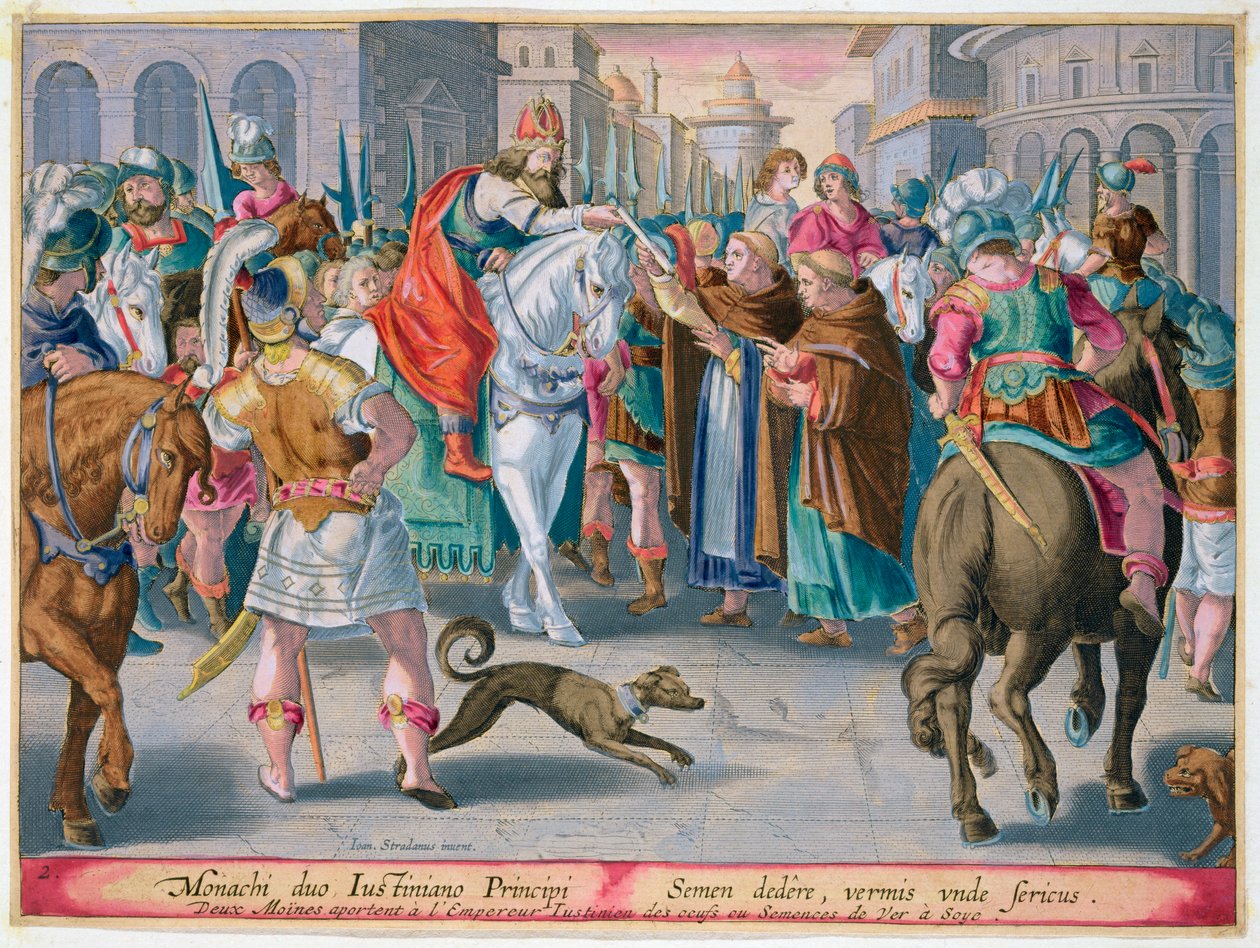 Twee monniken presenteren zijderupsen gesmokkeld uit China aan de Byzantijnse keizer Justinianus, 6e eeuw door Unbekannt