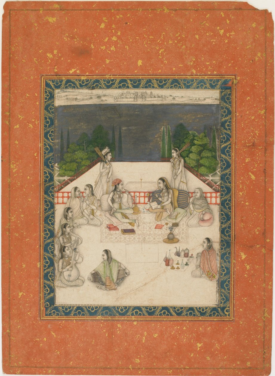 Twee vrouwen zittend op een terras, omringd door bedienden en muzikanten, ca. 1650 door Unbekannt