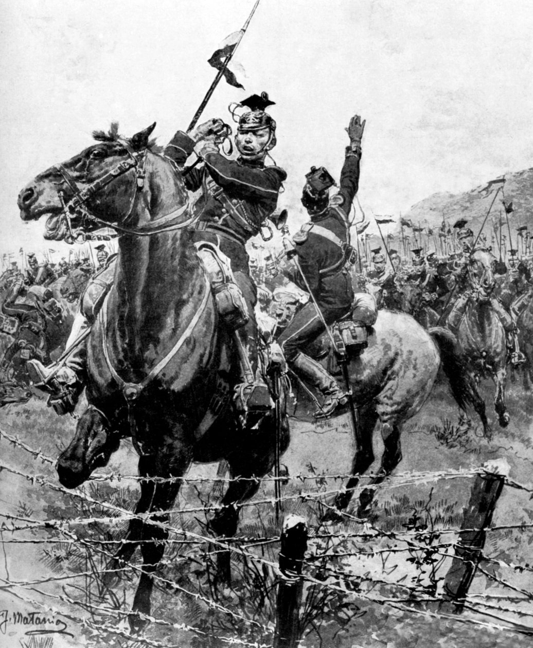 Ulanen gestopt door prikkeldraad nabij Luik, België, Eerste Wereldoorlog, 1914 door Unbekannt