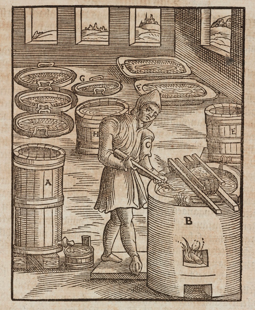 Een man test salpeter, gebruikt in buskruit en voor het conserveren van vlees - Gravure uit Beschrijving van mineralen en de belangrijkste mijnbouwmethoden, van Lazarus Ecker door Unbekannt
