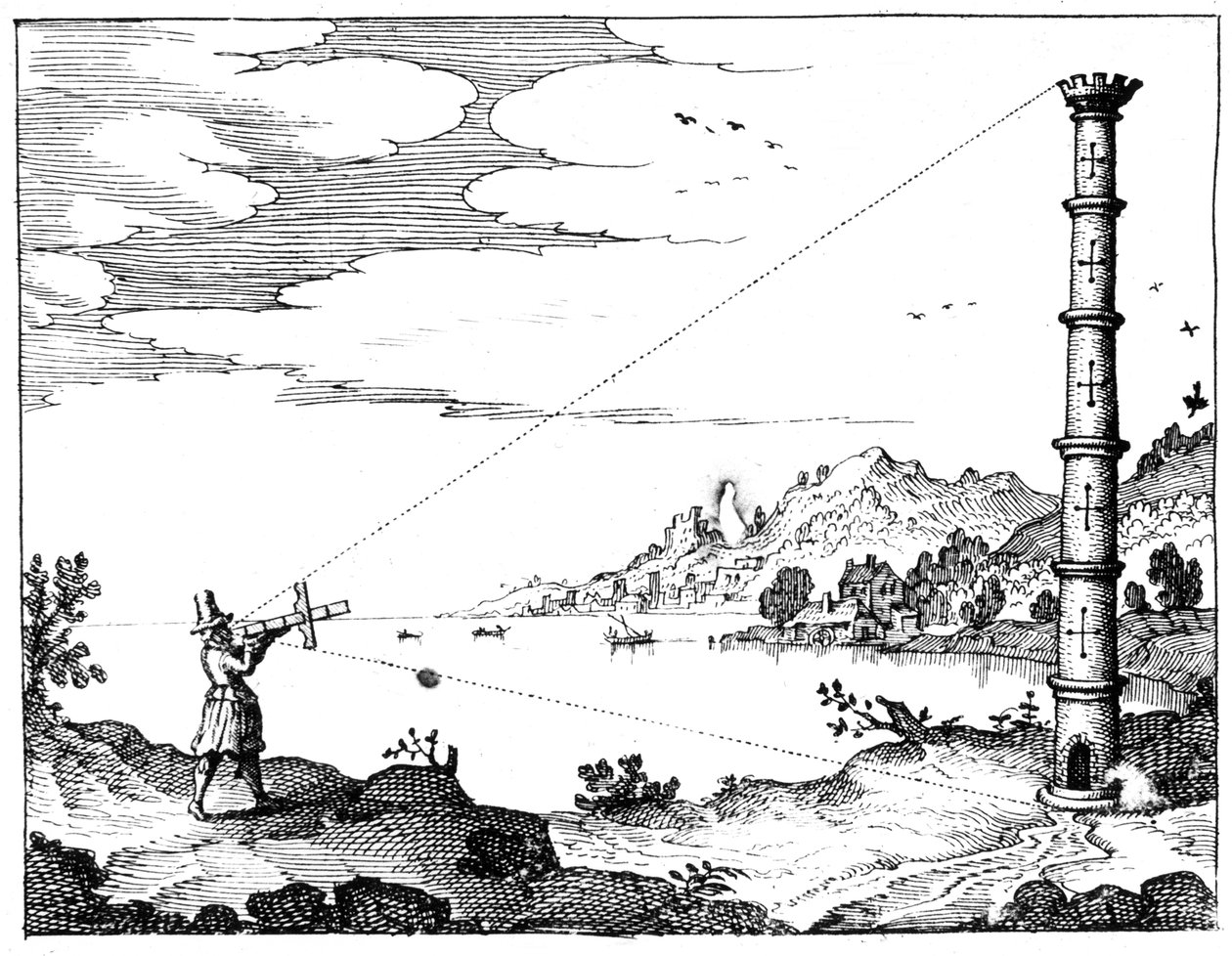 Gebruik van een kruisboog om de hoogte van een toren te meten, 1617-1619 door Unbekannt