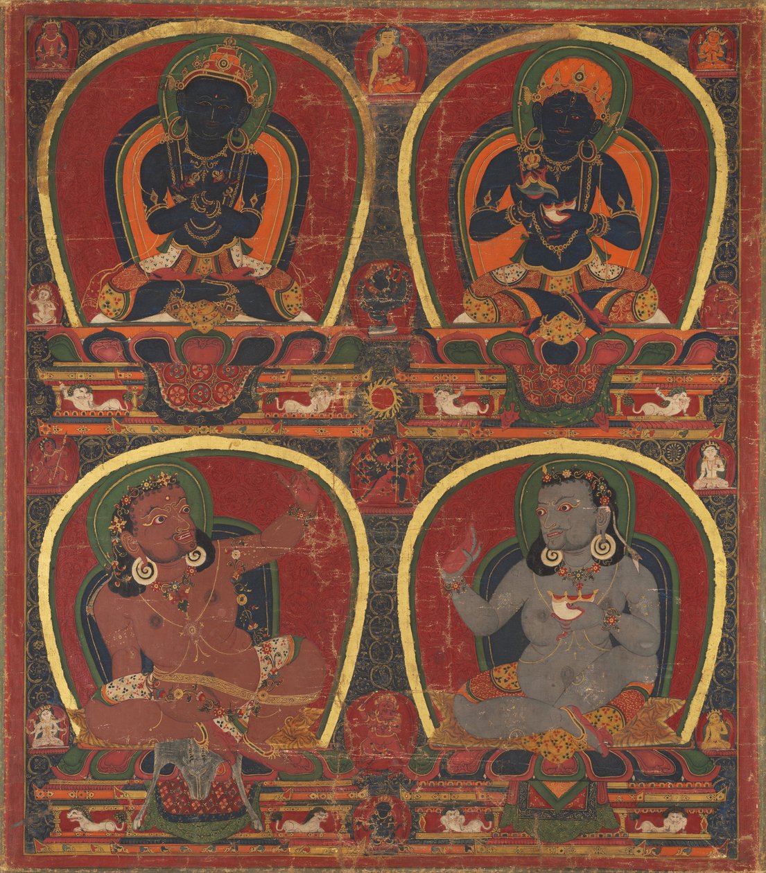 Vajradhara, Nairatmya, en Mahasiddhas Virupa en Kanha, c. 1450 door Unbekannt